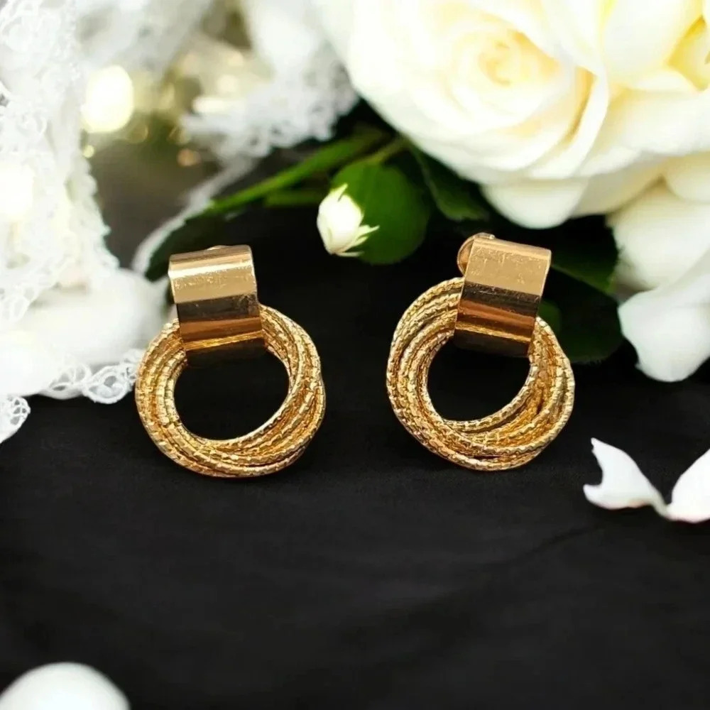 Gold Plated Multi-layered Circle Dangle Earrings - Picture 2 of 3